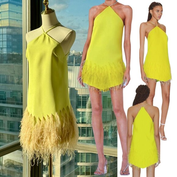 🆕 ALEXIS 🧿 NWOT Bristal Feather Trimmed Mini Dress, Yellow, Sz XS - Picture 1 of 16